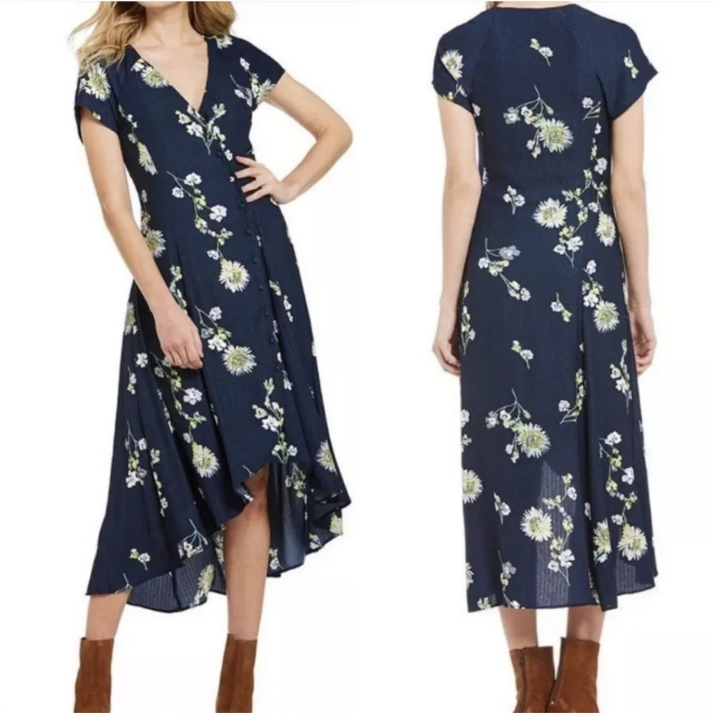 FREE PEOPLE Lost In Love Blue Floral Buttons Midi Dress Navy Blue size XS - Picture 9 of 9